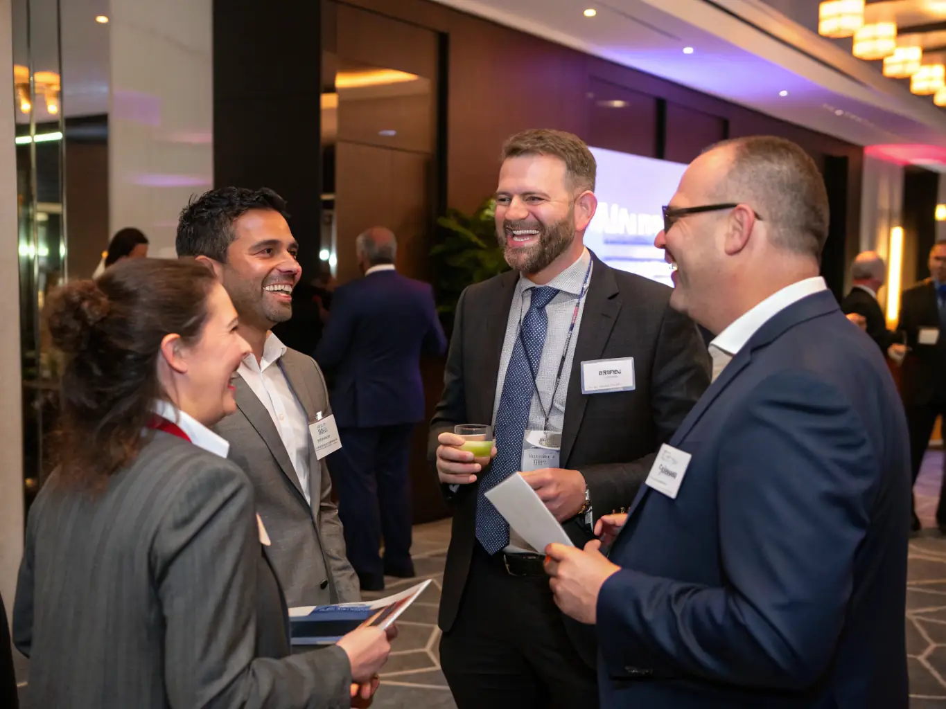 An image showcasing a networking session at the Annual Food & Beverage Industry Conference, with attendees engaging in conversations and exchanging business cards.
