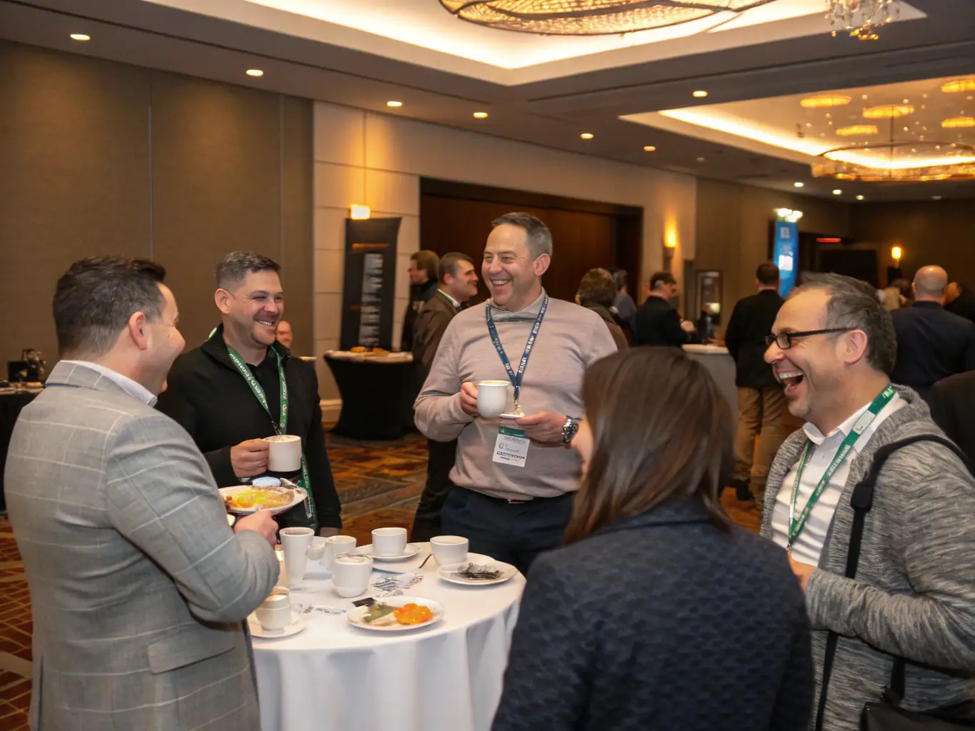 A diverse group of conference attendees are actively networking during a coffee break, exchanging business cards and engaging in lively conversations, set against a backdrop of conference branding.