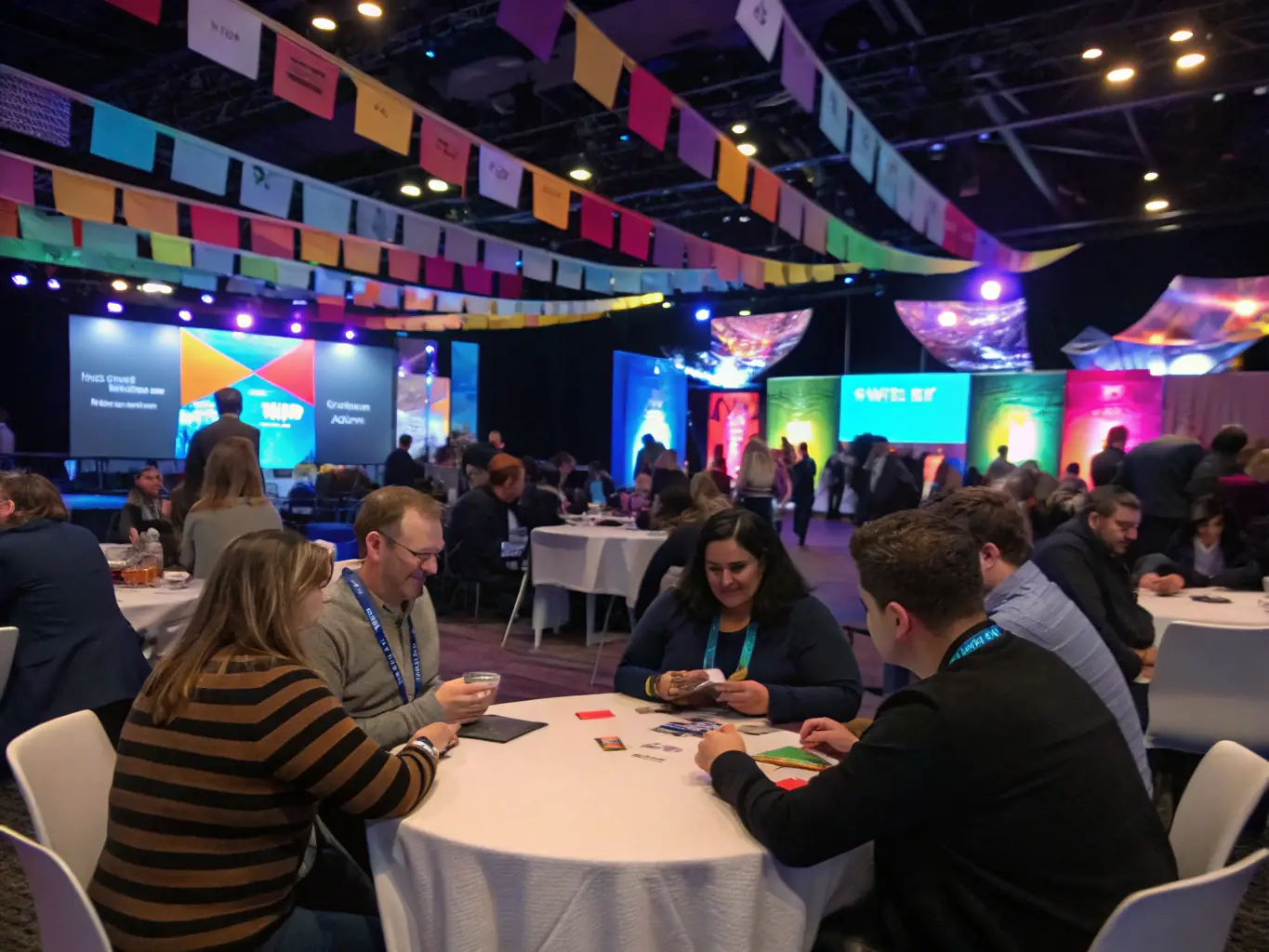 A vibrant photograph capturing the energy of a food and beverage conference, with attendees actively networking and engaging in discussions around various booths and displays.