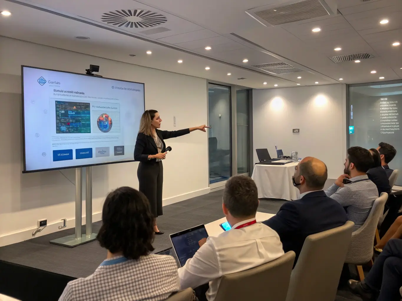 A keynote speaker is passionately presenting on stage at a food and beverage industry conference, with a large screen displaying data and trends, capturing the audience's attention.