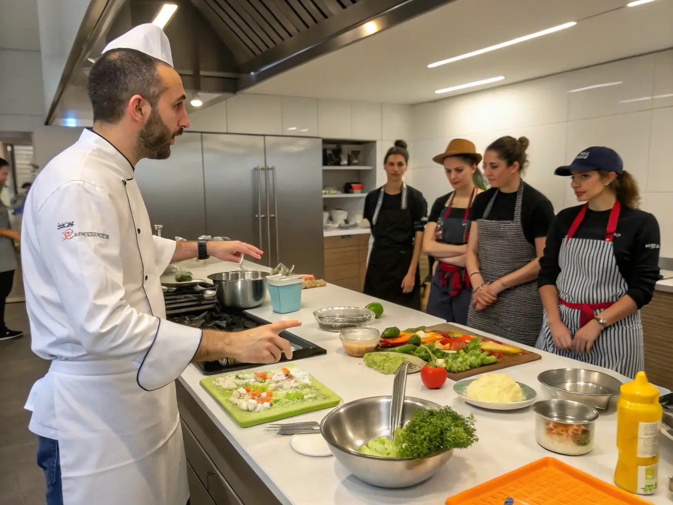 A captivating photograph of a culinary conference, highlighting chefs demonstrating innovative cooking techniques and attendees sampling gourmet dishes.